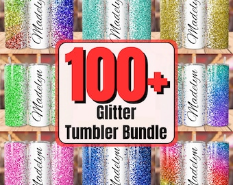 May include: A set of 100+ glitter tumbler designs featuring various colors and patterns. The tumblers are all white with a clear lid and a straw. The text "Madelyn" is printed on each tumbler. The text "100+ Glitter Tumbler Bundle" is printed in red on a white background.