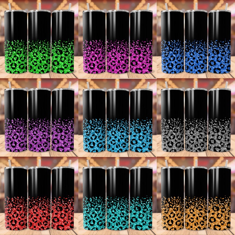 K&ouml;nnte beinhalten: Set mit 10 Edelstahlbechern mit schwarzem Boden und einem Glitzer-Leopardenmuster in verschiedenen Farben. Die Farben umfassen Gr&uuml;n, Pink, Blau, Lila, Grau, Rot, T&uuml;rkis und Gold.
