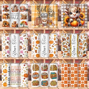 Puede incluir: Conjunto de 12 dise&ntilde;os de vasos t&eacute;rmicos con tem&aacute;tica oto&ntilde;al. Los vasos presentan varios patrones oto&ntilde;ales, incluyendo calabazas, hojas, cuadros y texto. Algunos dise&ntilde;os incluyen frases como "Just a girl who loves fall" y "Fall vibes".