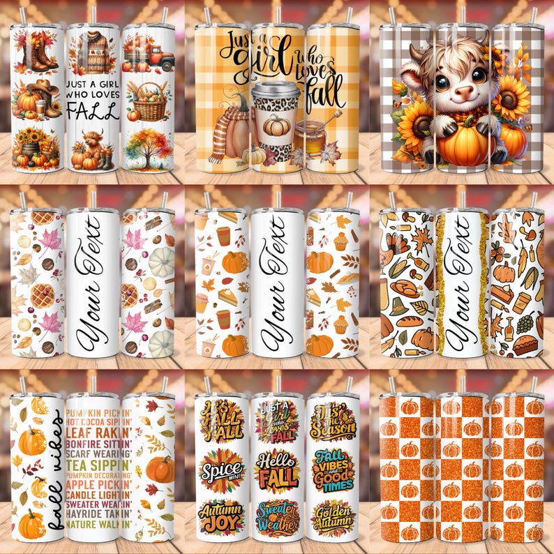 Puede incluir: Conjunto de 12 dise&ntilde;os de vasos t&eacute;rmicos con tem&aacute;tica oto&ntilde;al. Los vasos presentan varios patrones oto&ntilde;ales, incluyendo calabazas, hojas, cuadros y texto. Algunos dise&ntilde;os incluyen frases como "Just a girl who loves fall" y "Fall vibes".