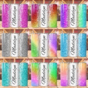 May include: Set of 12 personalised stainless steel tumblers with a variety of glitter patterns and colours. Each tumbler features the name "Madelyn" on the front.