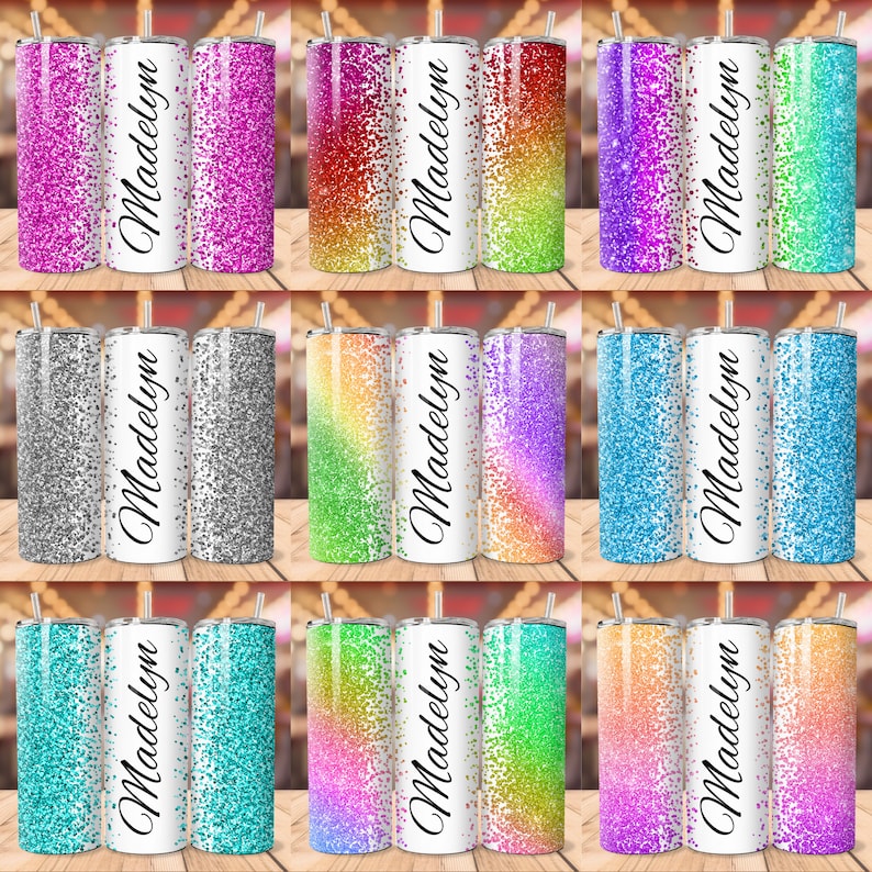 May include: Set of 12 personalised stainless steel tumblers with a variety of glitter patterns and colours. Each tumbler features the name "Madelyn" on the front.