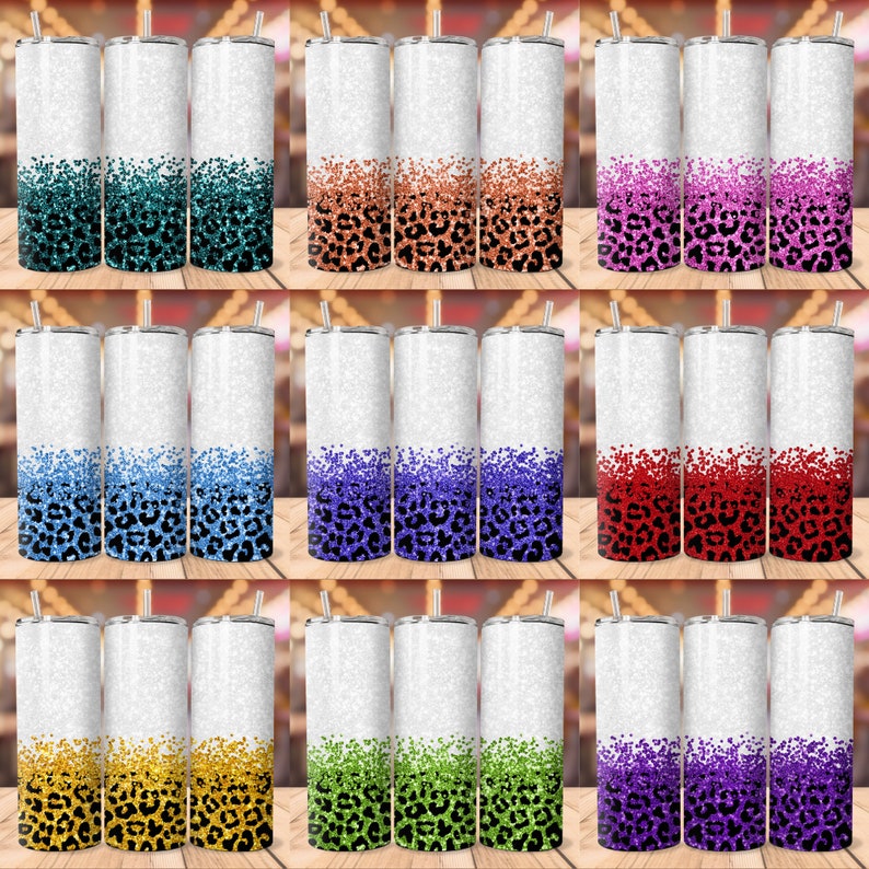 K&ouml;nnte beinhalten: Set mit 12 Edelstahl-Bechern mit wei&szlig;em Glitzer-Hintergrund und Leopardenmuster. Jeder Becher hat einen anderen Farbverlauf mit Glitzer.