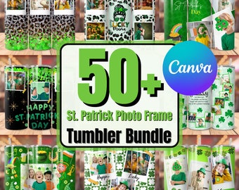 Peut inclure: Un ensemble de plus de 50 designs de gobelets avec cadre photo pour la Saint-Patrick. Les gobelets présentent divers motifs verts, noirs et blancs avec des trèfles, des clovers et d'autres images de la Saint-Patrick. Les designs comprennent des cadres photo pour ajouter des photos personnalisées.