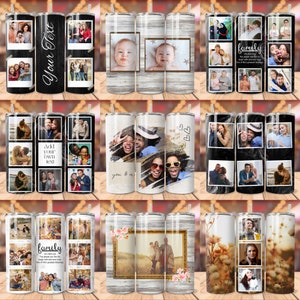 May include: Set of 12 personalised stainless steel tumblers with various designs. Each tumbler features a different photo collage with a white background. The designs include a family photo collage, a couple's photo collage, a baby photo collage, and a photo collage with the text "Add your own text".