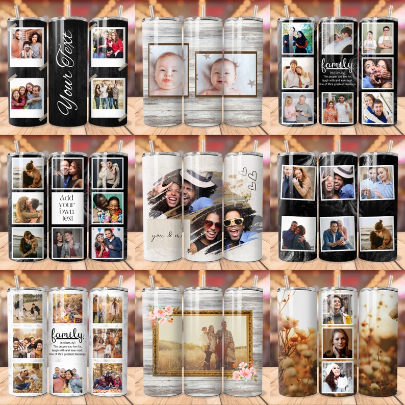 May include: Set of 12 personalised stainless steel tumblers with various designs. Each tumbler features a different photo collage with a white background. The designs include a family photo collage, a couple's photo collage, a baby photo collage, and a photo collage with the text "Add your own text".
