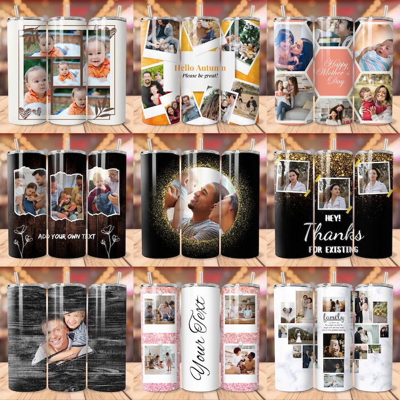 May include: Set of 10 stainless steel tumblers with various photo collage designs. The designs include family photos, a photo of a father and son, a photo of a baby, and a photo of a couple. The tumblers are all 20 ounces and have a double-wall insulated design.