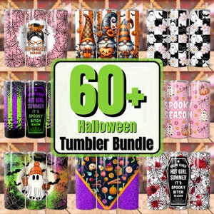 May include: A collection of 60+ Halloween-themed tumbler designs. The tumblers feature various designs, including ghosts, pumpkins, candy, and gnomes. The text "60+ Halloween Tumbler Bundle" is displayed in a green box.