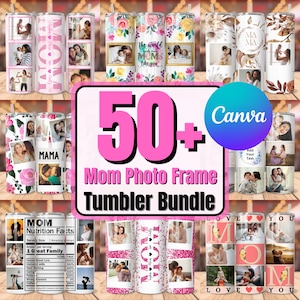 Puede incluir: Una colección de más de 50 diseños de sublimación rosa y blanco para vasos, con patrones florales, marcos de fotos y los textos "Mamá" y "Mamá". Los diseños son perfectos para crear regalos personalizados para las madres.