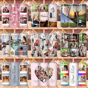 May include: Set of 12 personalised stainless steel tumblers with various photo collage designs. The tumblers feature a variety of images, including family photos, nature scenes, and abstract designs. Some tumblers have text, such as "Happy Family" and "Your Text".