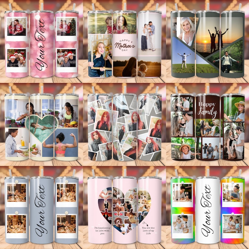 May include: Set of 12 personalised stainless steel tumblers with various photo collage designs. The tumblers feature a variety of images, including family photos, nature scenes, and abstract designs. Some tumblers have text, such as "Happy Family" and "Your Text".
