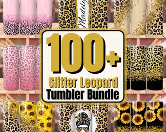 May include: A set of 100+ glitter leopard tumbler designs. The tumblers feature a variety of designs, including leopard print, glitter, and sunflowers. The text "100+ Glitter Leopard Tumbler Bundle" is displayed in the center of the image.