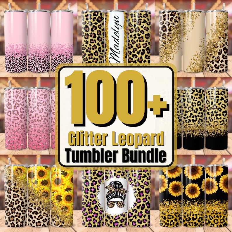 K&ouml;nnte beinhalten: Ein Set mit &uuml;ber 100 Glitzer-Leopard-Becherdesigns. Die Becher zeigen eine Vielzahl von Designs, darunter Leopardenmuster, Glitzer und Sonnenblumen. Der Text "100+ Glitter Leopard Tumbler Bundle" wird in der Mitte des Bildes angezeigt.