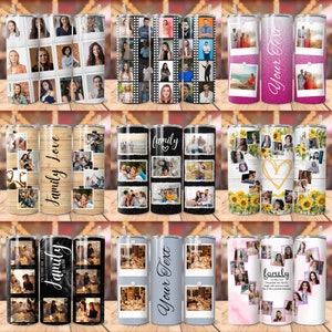 May include: Set of 12 personalised photo collage tumblers. Each tumbler features a different design with a collage of photos and text. Designs include "Family Love", "Family", "Your Text", and a sunflower design.