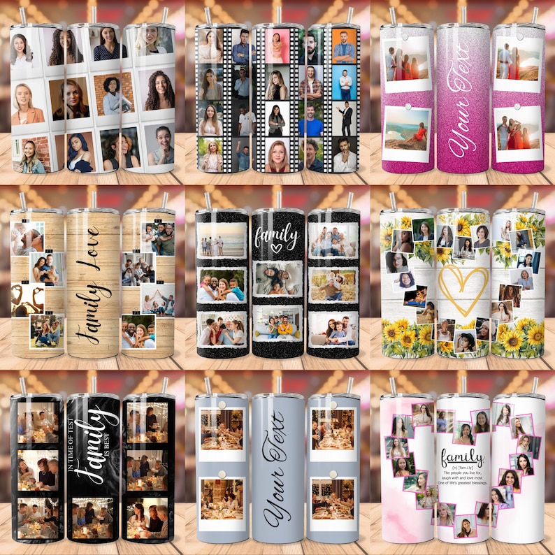 May include: Set of 12 personalised photo collage tumblers. Each tumbler features a different design with a collage of photos and text. Designs include "Family Love", "Family", "Your Text", and a sunflower design.
