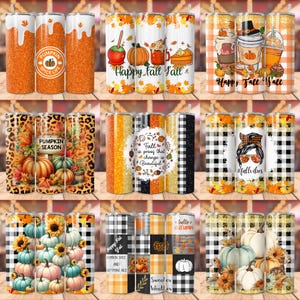 Puede incluir: Conjunto de 12 dise&ntilde;os de vasos tem&aacute;ticos de oto&ntilde;o con varios patrones oto&ntilde;ales, que incluyen calabazas, hojas, cuadros y purpurina. Los vasos presentan texto como "Pumpkin Spice Life", "Happy Fall Y'all", "Fall is proof that change is beautiful" y "Sweater Weather".