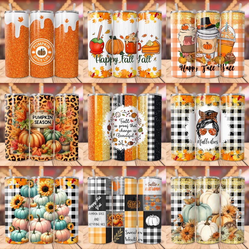 Puede incluir: Conjunto de 12 dise&ntilde;os de vasos tem&aacute;ticos de oto&ntilde;o con varios patrones oto&ntilde;ales, que incluyen calabazas, hojas, cuadros y purpurina. Los vasos presentan texto como "Pumpkin Spice Life", "Happy Fall Y'all", "Fall is proof that change is beautiful" y "Sweater Weather".