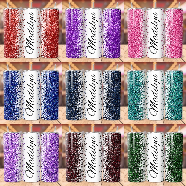 May include: Nine different colour variations of a personalised stainless steel tumbler with a glitter design. The tumbler has a white background with the name "Madelyn" written in black cursive.