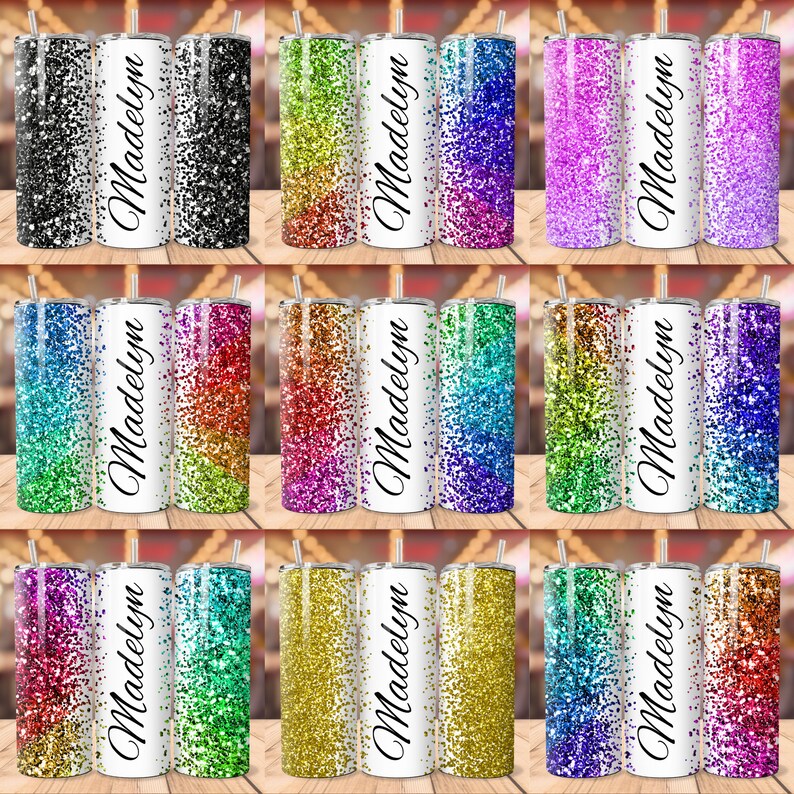 May include: Twelve different colour variations of a personalised tumbler with the name Madelyn printed on the side. Each tumbler features a glitter design with a gradient of colours.
