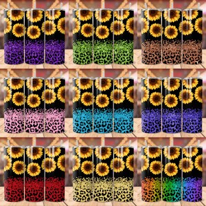 K&ouml;nnte beinhalten: Satz von neun Edelstahlbechern mit schwarzem Hintergrund, einer Glitterschicht und einem Leopardenmuster. Jeder Becher hat einen anderen Glitzerfarbton und ein Sonnenblumenmuster.