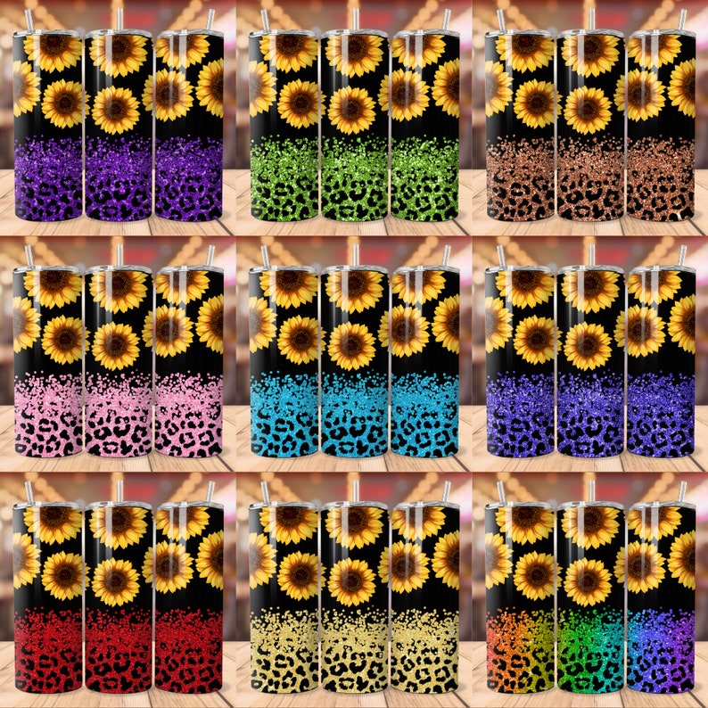 K&ouml;nnte beinhalten: Satz von neun Edelstahlbechern mit schwarzem Hintergrund, einer Glitterschicht und einem Leopardenmuster. Jeder Becher hat einen anderen Glitzerfarbton und ein Sonnenblumenmuster.