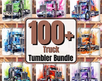 Peut inclure: Un ensemble de 9 designs de sublimation de style aquarelle représentant des semi-remorques de différentes couleurs. Les designs sont parfaits pour créer des gobelets personnalisés. Le texte "100+ Truck Tumbler Bundle" est affiché au centre de l'image.