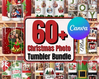 Peut inclure: Une collection de plus de 60 designs de gobelets photo de Noël avec différents thèmes de vacances, y compris des ornements, des flocons de neige et des motifs à carreaux. Les designs sont personnalisables avec vos propres photos et textes. Le texte "Canva" est visible sur l'image.