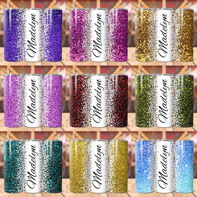May include: Nine different colour glitter tumblers with the name Madelyn on the front. The tumblers are all white with a glitter design on the back.