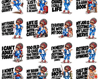 May include: A collection of sixteen digital stickers featuring a cartoon character with curly hair, a red headband, sunglasses, and denim clothing, each paired with unique humorous text phrases about daily life, hobbies, and personal attitudes.