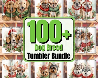 May include: A set of 100+ dog breed tumbler designs featuring various breeds of dogs wearing festive holiday attire. The tumblers are white with a green and red floral design. The text "100+ Dog Breed Tumbler Bundle" is displayed in green letters on a white background.