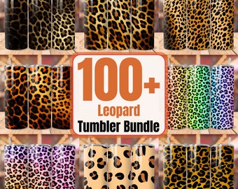 Peut inclure: Une collection de plus de 100 designs de sublimation à imprimé léopard pour gobelets. Les designs présentent différentes couleurs et motifs, notamment le brun et le noir classiques, l'arc-en-ciel et le rose.