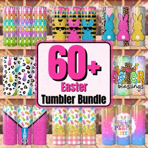 May include: An assortment of Easter-themed tumblers with diverse patterns, such as bunny rabbits, leopard print, and glitter effects. Some tumblers have text like "Chillin' with my Peeps" and "Easter Blessings." The image also shows the text "60+ Easter Tumbler Bundle."