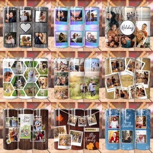 May include: Set of 12 personalised stainless steel tumblers with various photo collage designs. The tumblers feature a variety of themes, including family, pets, holidays, and more. Each tumbler comes with a straw and lid.