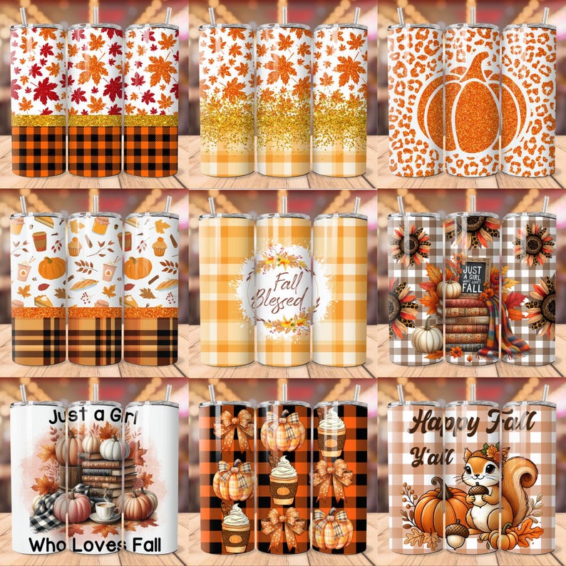 Puede incluir: Conjunto de 12 dise&ntilde;os de vasos t&eacute;rmicos con tem&aacute;tica oto&ntilde;al que presentan varios patrones y gr&aacute;ficos, incluyendo calabazas, hojas, cuadros y texto como "Fall Blessed" y "Just a Girl Who Loves Fall".