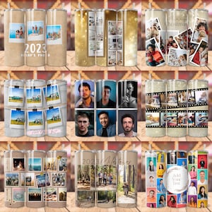 May include: Set of 10 personalised photo tumblers with various designs. The tumblers feature a collage of photos, including family photos, holiday photos, and photos of nature. The tumblers are a great way to personalise your drinkware and show off your favourite memories.
