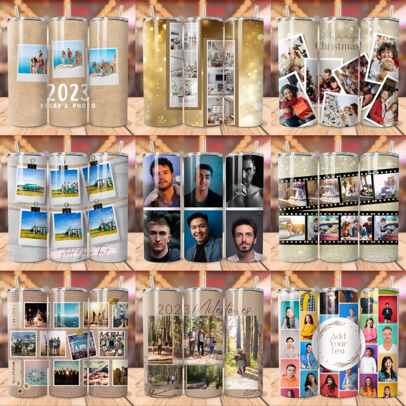 May include: Set of 10 personalised photo tumblers with various designs. The tumblers feature a collage of photos, including family photos, holiday photos, and photos of nature. The tumblers are a great way to personalise your drinkware and show off your favourite memories.
