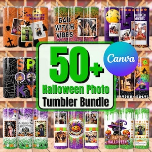 Op de afbeelding: Een digitale collage met meer dan 50 Halloween-thema fotobekerontwerpen. De ontwerpen bevatten verschillende Halloween-elementen zoals pompoenen, heksen, geesten en vleermuizen. De tekst "50+ Halloween Photo Tumbler Bundle" en "Canva" is ook zichtbaar.