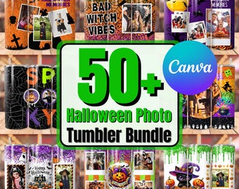 Peut inclure: Un collage numérique de plus de 50 designs de gobelets photo sur le thème d'Halloween. Les designs présentent divers éléments d'Halloween comme des citrouilles, des sorcières, des fantômes et des chauves-souris. Le texte "50+ Halloween Photo Tumbler Bundle" et "Canva" est également visible.