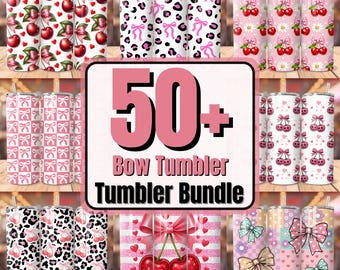 May include: A collection of various 20 oz tumblers with different designs. The tumblers feature patterns such as cherries, bows, leopard print, and floral designs. The text "50+ Bow Tumbler Bundle" is displayed in pink.