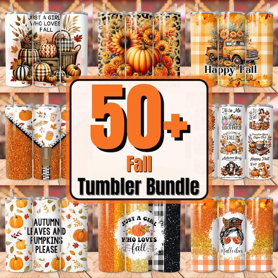 Fall Tumbler Wrap Bundle, Fall in Love with Tumblers 20oz Skinny Sublimation Tumbler Design Bundle Pumpkin Season Autumn Floral PNG Seamless