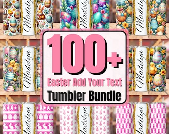 May include: A set of 100+ Easter-themed tumbler designs featuring various patterns with eggs, bunnies, chicks, and flowers. The designs are customizable with text and are perfect for sublimation projects.