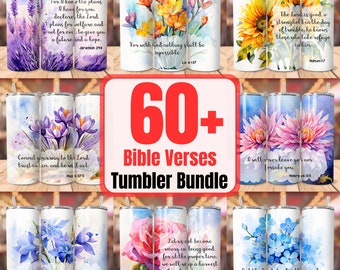 May include: A set of 60+ sublimation tumbler designs featuring watercolor floral backgrounds with inspirational Bible verses. The tumblers are perfect for adding a personal touch to your everyday routine.