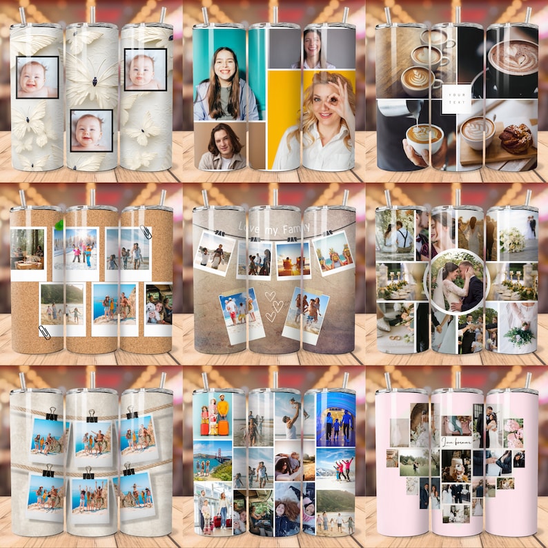 May include: Set of nine stainless steel tumblers with various photo collage designs. The tumblers feature a variety of images, including family photos, wedding photos, and travel photos. Some tumblers have a corkboard background with photos attached with clothes pegs. Others have a white background with photos arranged in a grid pattern. The tumblers are all approximately 568 ml in size.