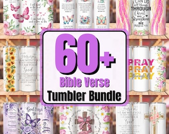 May include: A collection of 60+ Bible verse tumblers. The tumblers feature floral, butterfly, and cross designs with inspirational quotes. The tumblers are white with various colors, including pink, purple, and yellow. The text "Bible Verse Tumbler Bundle" is also visible.