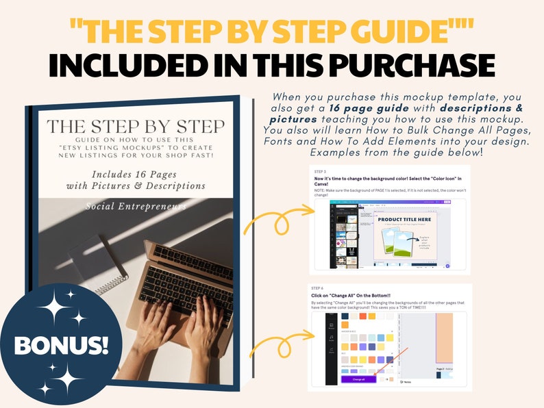 May include: A laptop computer with a mockup of an Etsy listing on the screen. The laptop is open and a person's hands are typing on the keyboard. The text on the screen says "Product Title Here". The image also includes a blue and white bonus text with stars. The text "The Step by Step Guide" is in yellow and black text. The text "Included in this purchase" is in black text. The text "The Step by Step" is in black text. The text "Guide on how to use this "Etsy Listing Mockups" to create new listings for your shop fast!" is in white text. The text "Includes 16 Pages with Pictures & Descriptions" is in white text. The text "Social Entrepreneurs" is in white text. The text "Bonus!" is in white text.