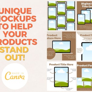 May include: A set of four social media templates for promoting digital products. Each template features a different design with a landscape scene and a phone or laptop screen. The text on the templates includes "Digital Product Title Goes Here", "Product Title Here", "Product Feature Here", and "Information About Your Digital Product".