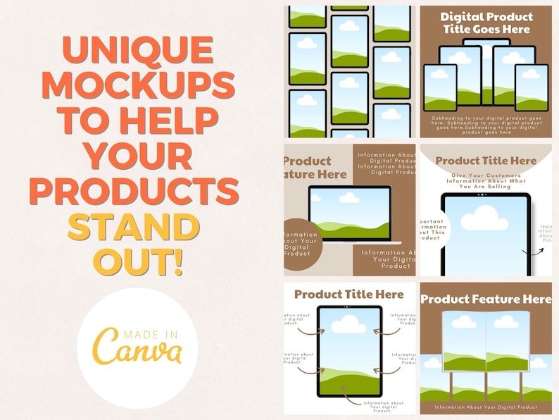 May include: A set of four social media templates for promoting digital products. Each template features a different design with a landscape scene and a phone or laptop screen. The text on the templates includes "Digital Product Title Goes Here", "Product Title Here", "Product Feature Here", and "Information About Your Digital Product".