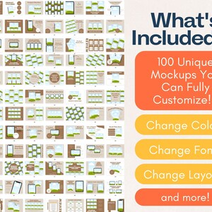 May include: A collection of 100 unique customizable mockups featuring various layouts, colors, and fonts. The mockups showcase a variety of product displays, including phone screens, t-shirts, and product boxes. The text "What's Included?!" is displayed in large, bold letters, followed by a list of customization options: Change Colors, Change Fonts, Change Layouts, and more!