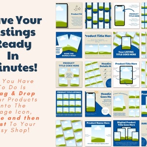 Pu&ograve; includere: Una collezione di 16 modelli di elenco di negozi Etsy personalizzabili con uno schema di colori blu e verde, un'icona del telefono e una scena di paesaggio. Il testo "Have Your Listings Ready In Minutes!" &egrave; visualizzato sul lato sinistro dell'immagine. Il testo "All You Have To Do Is Drag & Drop Your Products Into The Image Icon, Save and then Post To Your Etsy Shop!" &egrave; visualizzato sotto il titolo.