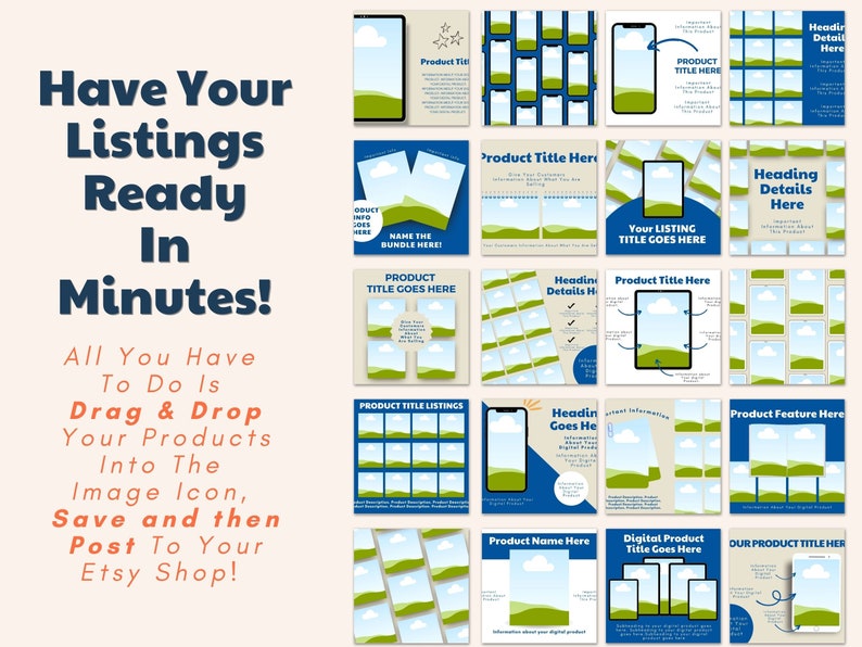 Pu&ograve; includere: Una collezione di 16 modelli di elenco di negozi Etsy personalizzabili con uno schema di colori blu e verde, un'icona del telefono e una scena di paesaggio. Il testo "Have Your Listings Ready In Minutes!" &egrave; visualizzato sul lato sinistro dell'immagine. Il testo "All You Have To Do Is Drag & Drop Your Products Into The Image Icon, Save and then Post To Your Etsy Shop!" &egrave; visualizzato sotto il titolo.